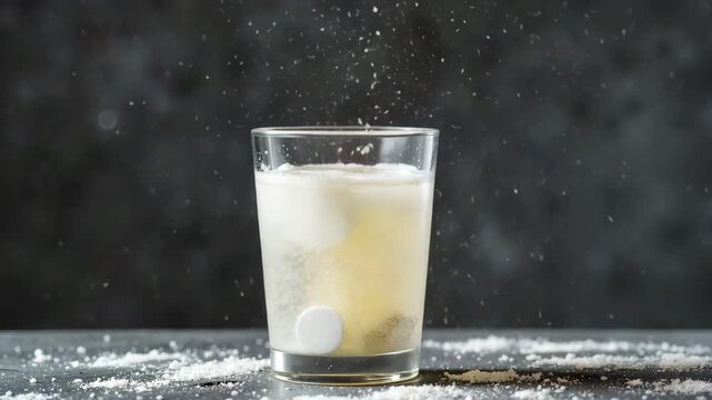 Slow-motion macro shot: A hand on the left drops an antacid tablet into a glass; it fizzes, creating bubbles against a black background.