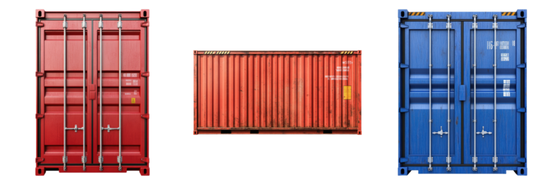 Three vibrant shipping containers arranged side by side, a red and a blue one flanking a central red container. Their textures and the play of light create a dynamic image - Powered by Adobe