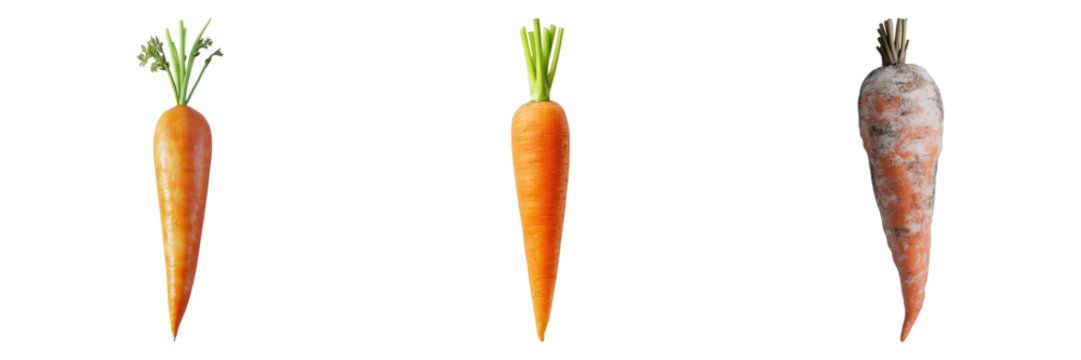 Vibrant orange carrots with green tops arranged in a row. They look fresh and healthy