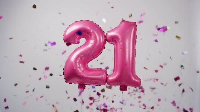 Pink balloon number 21 for birthday or anniversary party. White background with falling confetti