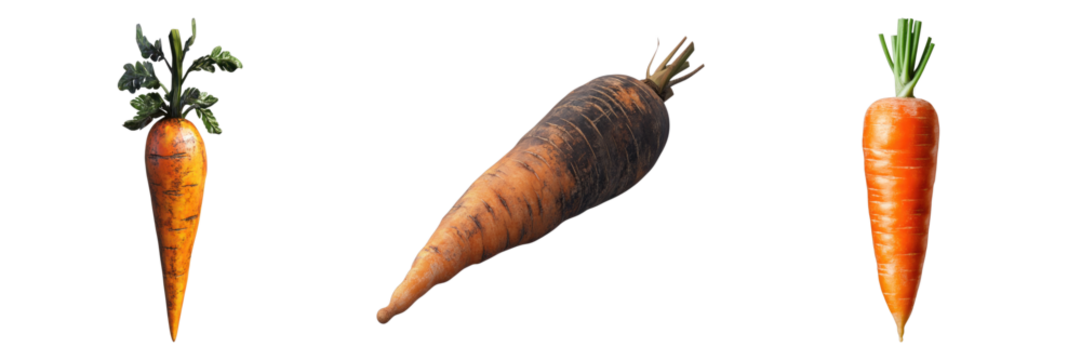 Fresh, vibrant carrots displayed in a row, each varying in size and color