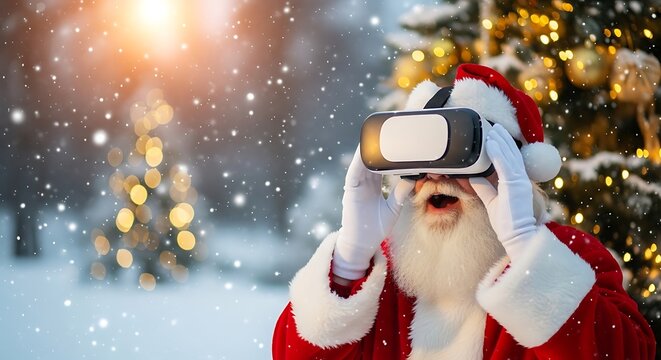 Santa Claus using virtual reality headset in snowy Christmas setting