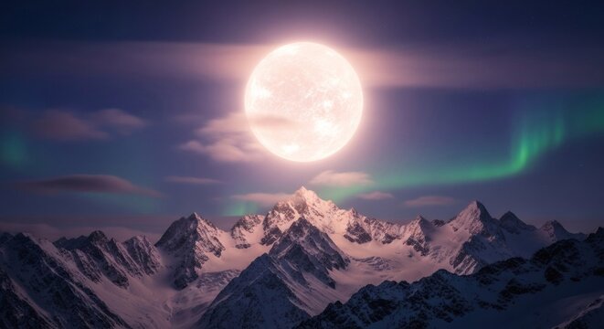 Majestic snowcapped mountain range under a luminous full moon with the aurora borealis dancing in the night sky