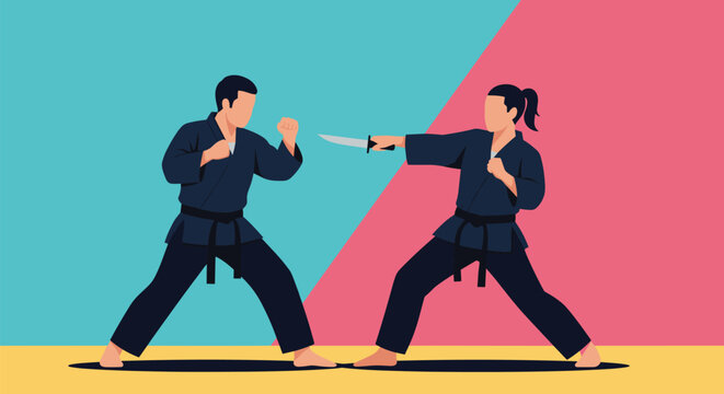 Two martial artists practicing self defense techniques with a knife in a training session.