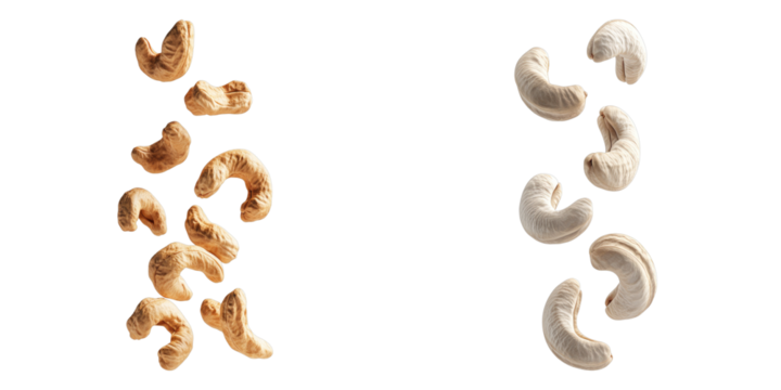 Delicious cashew nuts falling. The image captures the texture and natural appeal of the food.