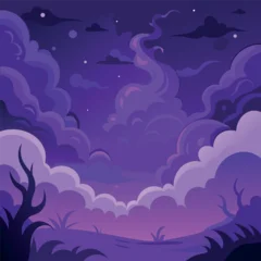 Fototapete Rund Warmes Lila Mystical night landscape with glowing purple clouds, dark silhouettes of trees, and a dreamy fantasy sky — vector illustration, flat style, soft gradient  © jasmin