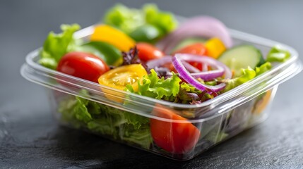 Fresh garden vegetables are displayed in a clear plastic takeout container on a dark surface
