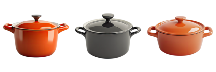 Three different colored pots with lids in a row, perfect for cooking delicious meals. The pots have handles and sit on a flat surface