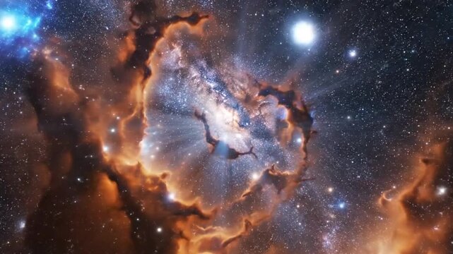 Seamless loop animation of flying through deep outer space, exploring glowing orange and blue nebula clouds. Camera moves smoothly through dense star fields, bright cosmic dust