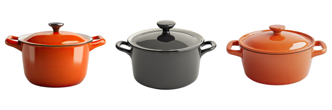 Three different colored pots with lids in a row, perfect for cooking delicious meals. The pots have handles and sit on a flat surface