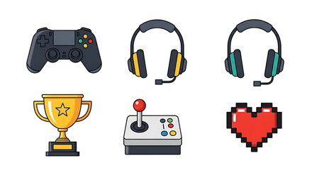 Gaming elements arranged on white surface representing hobby and recreation with controller, headset, trophy and joystick, creating playful and engaging mood.