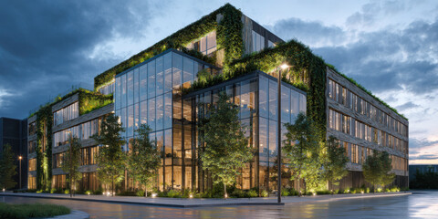 Eco office building blends nature and technology with rooftop garden in urban setting