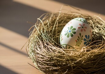 Fototapeta premium Decorated Easter egg resting in a straw nest on a wooden surface 