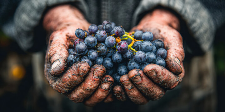 Farmer's hands hold ripe grapes in a vineyard during harvest season
