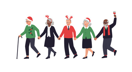 A diverse group of happy senior citizens walking together in festive holiday attire including Santa hats and reindeer antlers celebrating the Christmas season happily.
