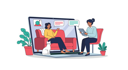 Obraz premium Two people having a conversation on a laptop with a cat nearby.