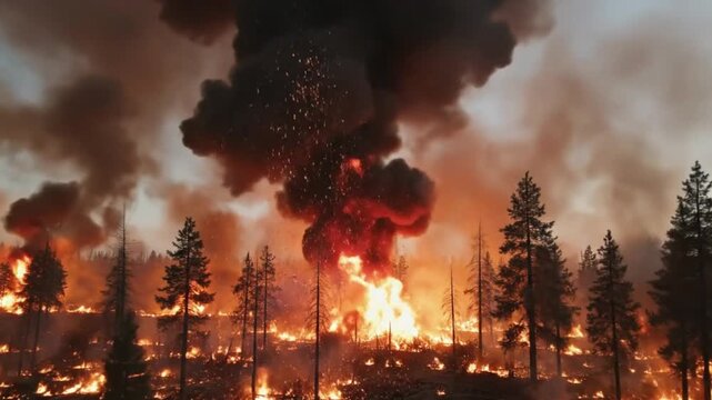 Soaring flames and thick smoke rise from burning forest trees, creating an intense firestorm scene. Bright orange and red flames consume the treetops while dark smoke billows into the sky,