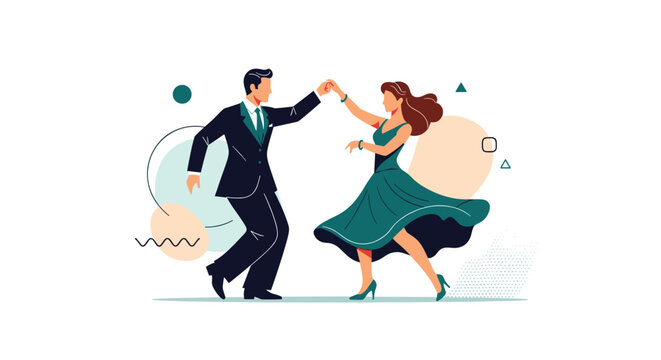 A couple enjoys a lively ballroom dance with an abstract background.