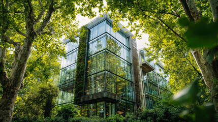 Modern sustainable building design showcases eco-friendly architecture with glass and greenery