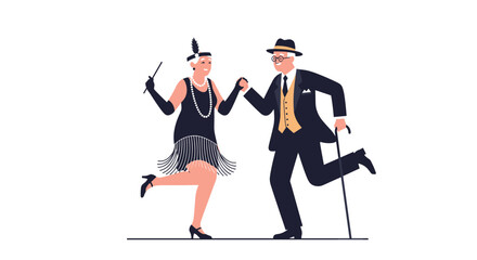 Elegant couple dressed in 1920s fashion dancing joyfully together.