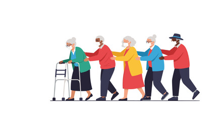 Obraz premium A line of elderly individuals walking in a single file line while wearing face masks