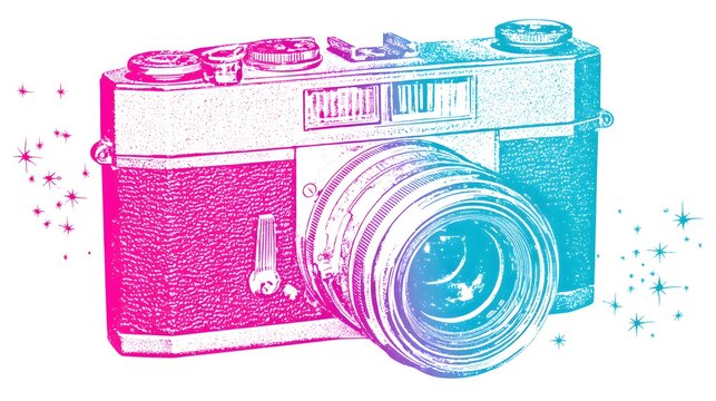 Vintage rangefinder style optical device features vibrant duotone coloration and sparkling embellishments
