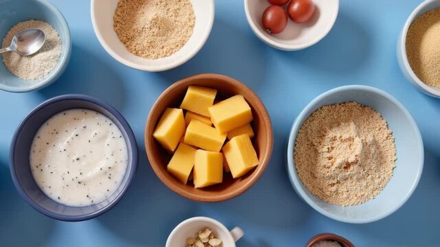 Pasta ingredients in ceramic bowls on a turquoise background: tomatoes, basil and garlic