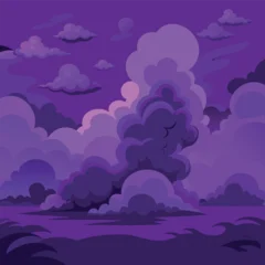 Selbstklebende Fototapeten Violett Mystical night landscape with glowing purple clouds, dark silhouettes of trees, and a dreamy fantasy sky — vector illustration, flat style, soft gradient  © ohe