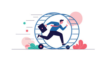 A businessman running on a hamster wheel representing the daily grind and busy work life.
