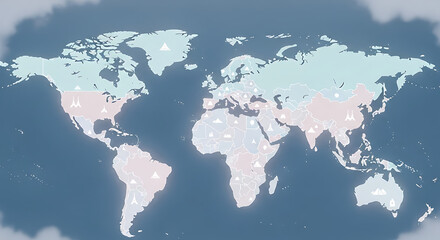 World map showing continents with small white symbols representing various industries and activities, creating a clean and informative overview of global activities.