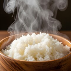 Close-Up of Hot Steaming Rice in Wooden Bowl on Dark Background Food Concept