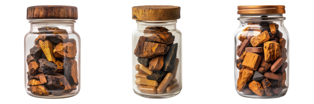 Three glass jars filled with various natural ingredients, showcasing different textures and colors