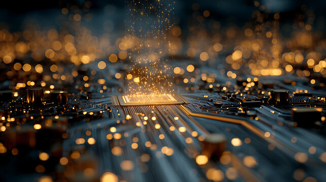 Dynamic digital data stream flowing into glowing central processor, symbolizing innovation and futuristic technology.