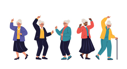 Fototapeta premium Five animated older women dancing energetically and happily on a white background.