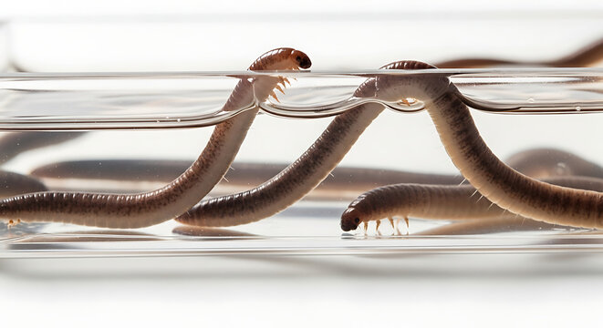Millipedes crawl through water in glass container during scientific experiment, showcasing nature's adaptability and resilience.