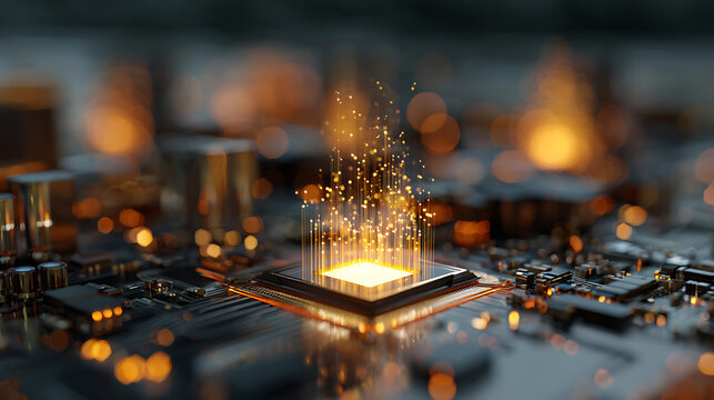 Dynamic glowing computer chip ignites digital data streams and futuristic technology connections with vibrant energy