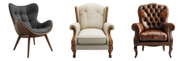 Collection of three comfortable and elegant armchairs in various designs. Each chair has a unique shape and is made from high-quality materials