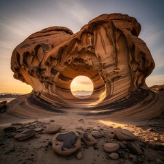 Natural Rock with Perfectly Formed Hole from Wind Erosion in Desert Landscape