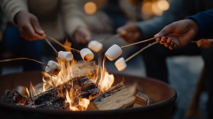 A group of friends roasting marshmallows over a backyard fire pit, symbolizing outdoor entertainment, leisure, and social warmth. cinematic color correction, natural uneven lighting yet gentle