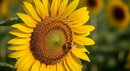 Sunflower with Bee Gathering Pollen on Sunny Summer Day