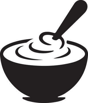 Graphic design of a spoon stirring food in a bowl.