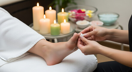 Woman receiving foot massage at spa with candles and flower petals in bowls, creating a relaxing and pampering atmosphere.