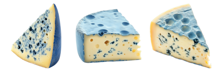 Three delectable wedges of blue cheese, showcasing a complex texture and rich color palette. Each piece reveals the distinct marbling
