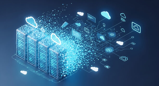 Servers transferring data to cloud storage with glowing particles representing seamless connectivity and modern technology, showcasing digital transformation.