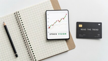 Digital stock chart overlay on a notebook and credit card