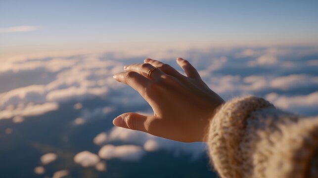Close-up of fingers letting go of airplane against soft clouds — representing hope, ambition, and whimsical outdoor storytelling imagery for inspirational content. cinematic color correction,