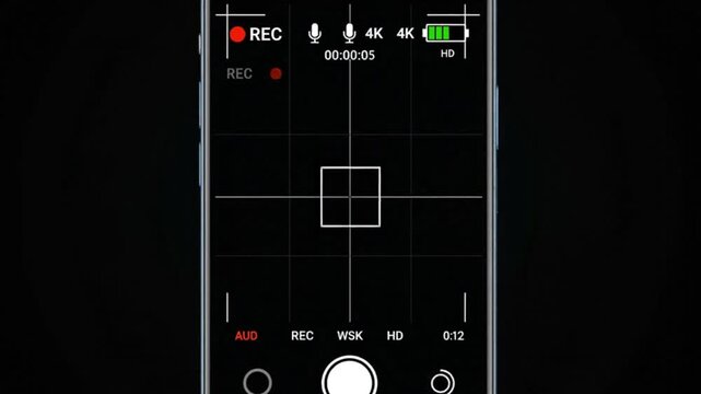 Vertical mobile camera recording screen overlay template on a black background. The display should look like a real smartphone camera interface, including digital on-screen elements