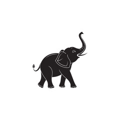 Elephant Silhouette with Raised Trunk on White Background