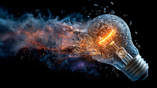 Explosive idea generation concept a light bulb shattering with vibrant energy and dynamic particles symbolizing breakthrough innovation and creativity - Powered by Adobe