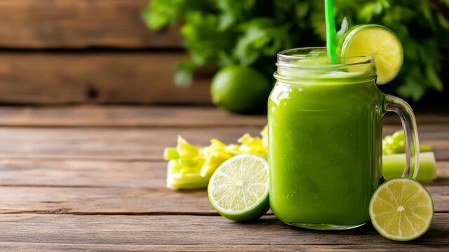 Fresh green vegetable smoothie with celery stalks and lime slices on rustic wooden table health drink wellness beverage